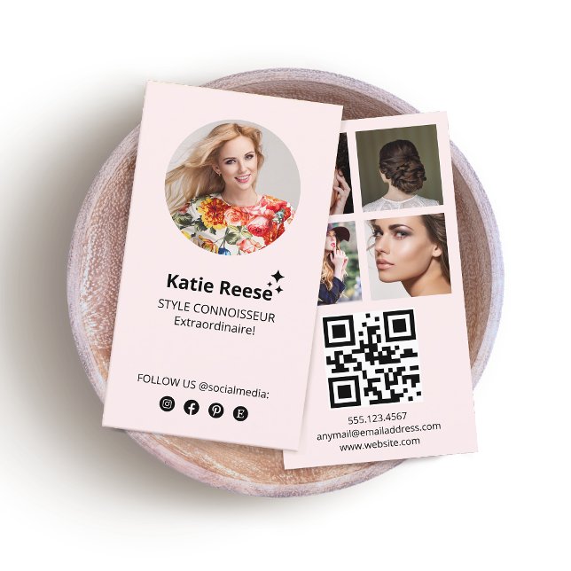 Pink Social Media, Photo Grid, QR Code Business Card (pink 3 photo grid instagram social media networking business card with QR code)