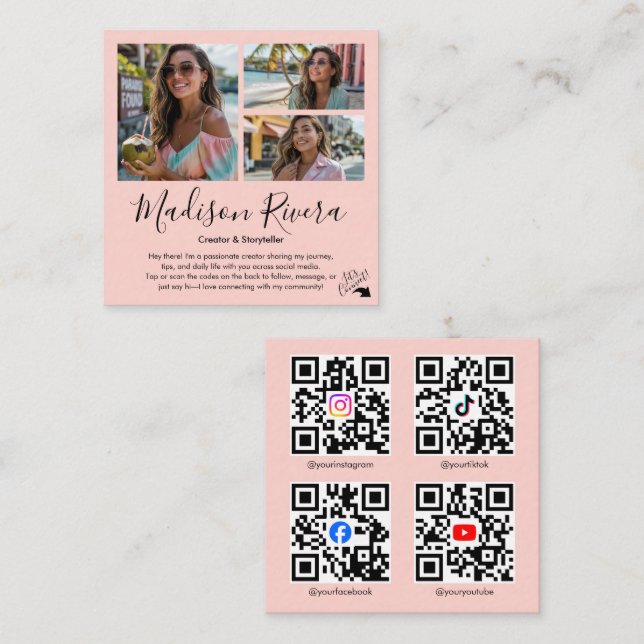 Pink Social Media QR Code Photo Content Creator Square Business Card (Front/Back)