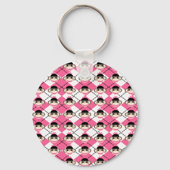 Pink Sock Monkeys on Pink White Argyle Diamond Key Ring (Front)