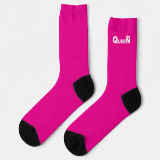Pink socks with ‘Queen’ in white and a crown