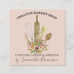 Pink Soft Bakery Pastry Chef Utensils wood whisk Square Business Card