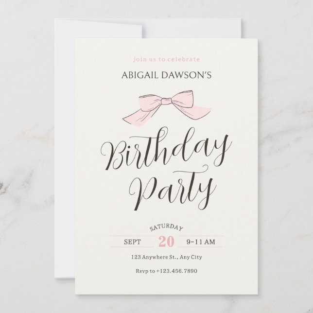 Pink soft bow birthday invitation (Front)