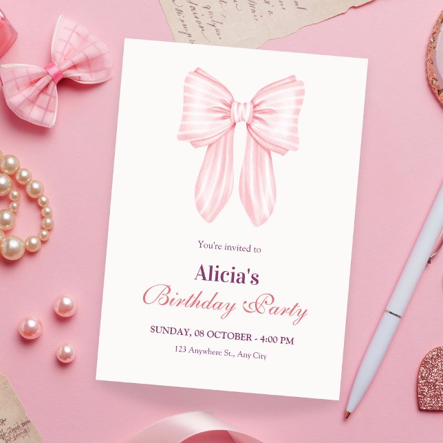 Pink soft bow ribbon birthday invitation (Creator Uploaded)