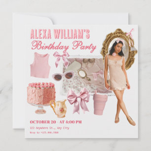 Pink soft fashion collage photo birthday  invitation