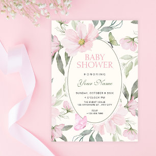 Pink soft floral butterfly baby shower invitation