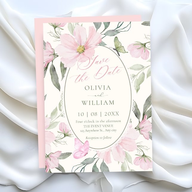 Pink soft floral butterfly wedding save the date (Creator Uploaded)