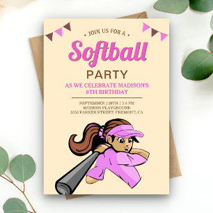 Pink Softball Birthday Party Invitation