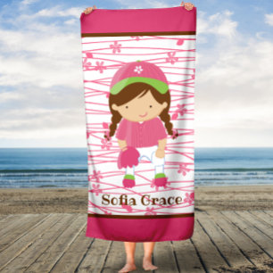 Pink Softball Girls Kids Personalised Bath Towel