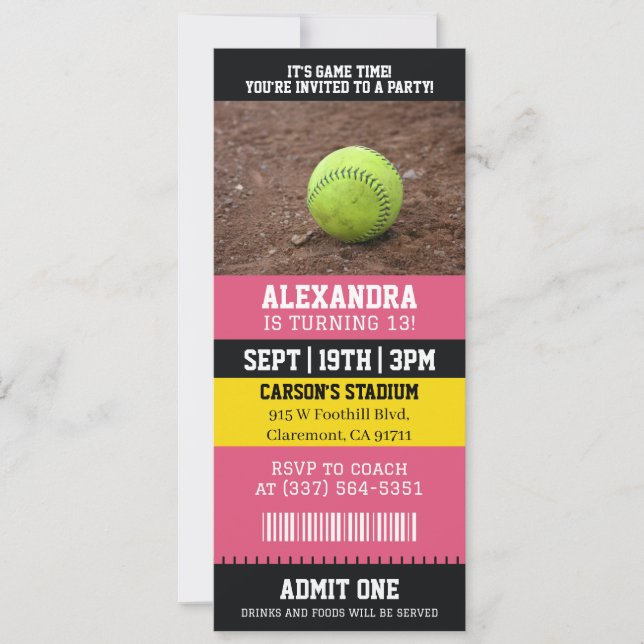 Pink Softball Ticket Birthday Party Invitation (Front)