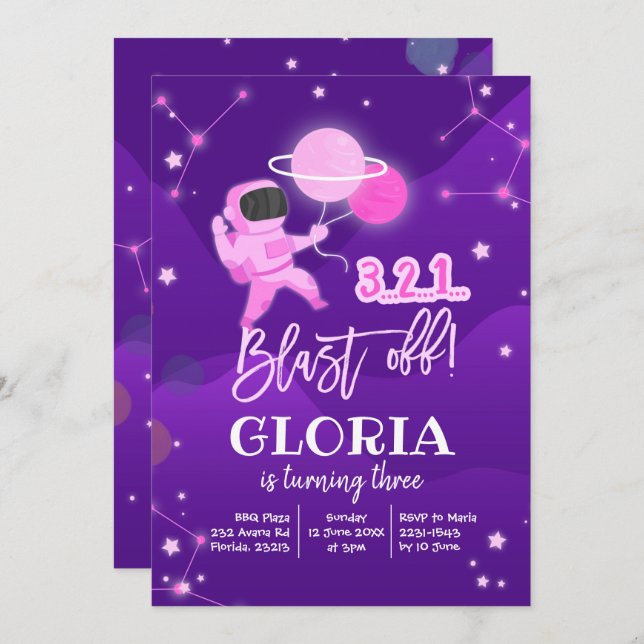 Pink Solar Space Galaxy Birthday Invitation (Front/Back)