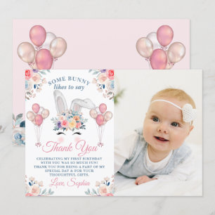 Pink Some Bunny Floral Balloon 1st Birthday Photo Thank You Card