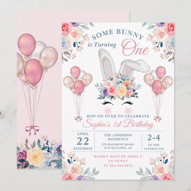 Pink Some Bunny Floral Balloon Girl First Birthday Invitation (Front/Back)