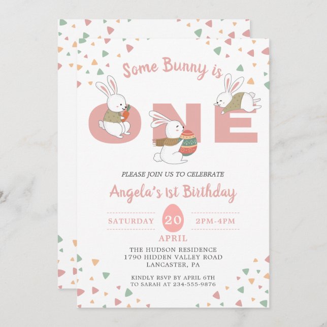Pink Some Bunny is One Easter First Birthday Invitation (Front/Back)