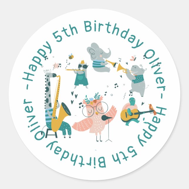 Pink Songbird with Animal Band Birthday Classic Round Sticker (Front)