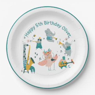 Pink Songbird with Animal Band Birthday Paper Plate
