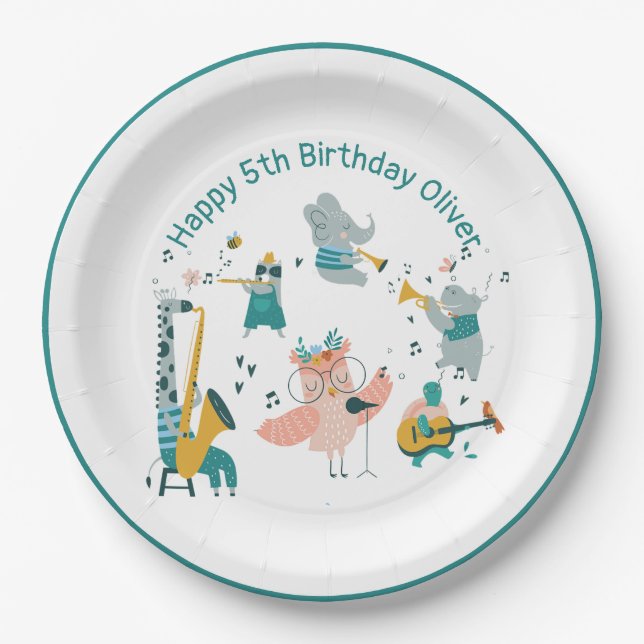 Pink Songbird with Animal Band Birthday Paper Plate (Front)