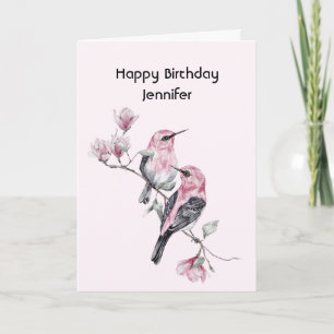 Pink Songbirds on a Tree Branch Birthday Card
