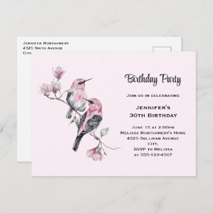 Pink Songbirds on a Tree Branch Birthday Invitation Postcard