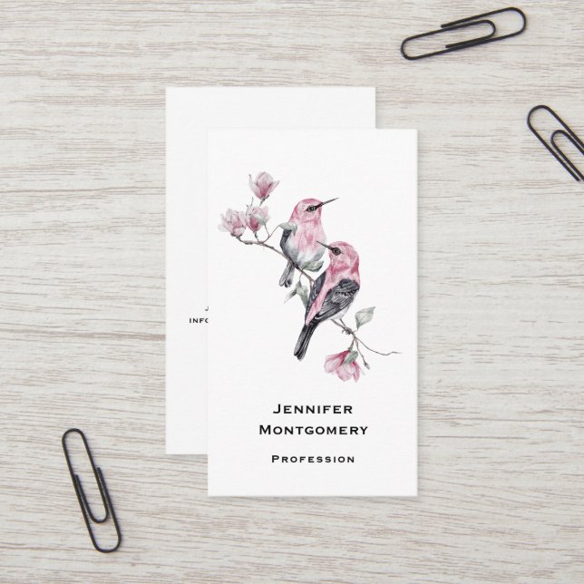 Pink Songbirds on a Tree Branch Business Card (Front/Back In Situ)