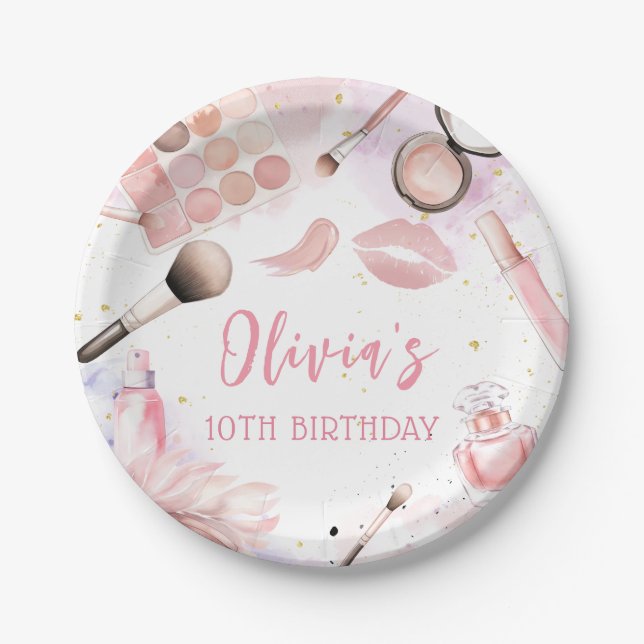 Pink Spa Party Glamour Girl Makeup Birthday Paper Plate (Front)