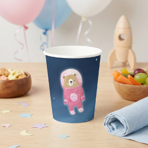 Pink Space Bear Astronaut Baby Shower Paper Cups