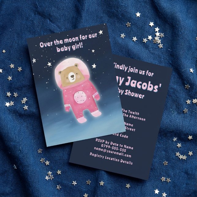 Pink Space Bear Baby Shower it's a girl astronaut  Invitation (Pink Space Bear Baby Shower it's a girl astronaut Invitation.)