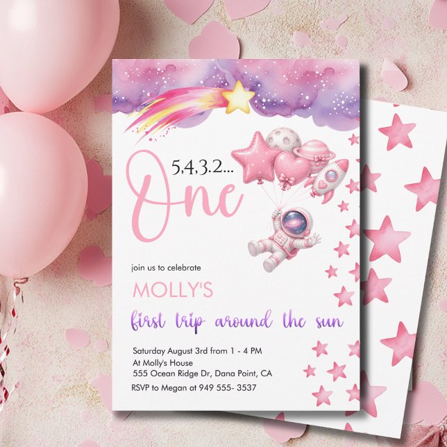 Pink Space First Trip Around the Sun Birthday Invitation (Creator Uploaded)