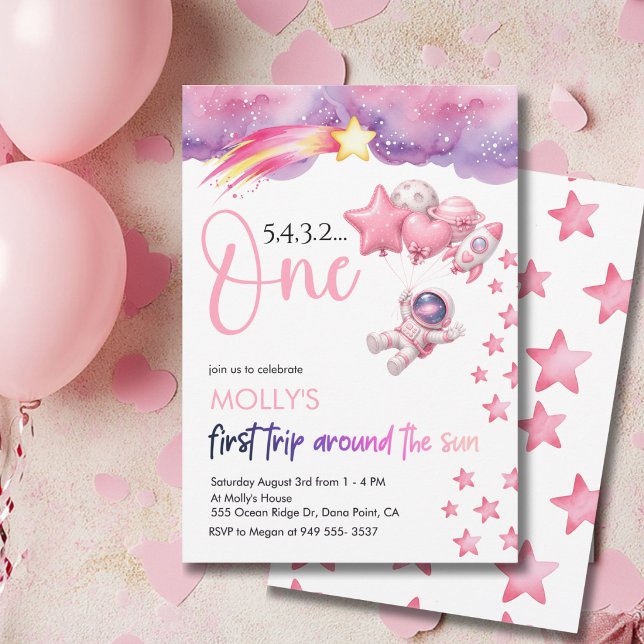 Pink Space First Trip Around the Sun Birthday Invitation (Creator Uploaded)