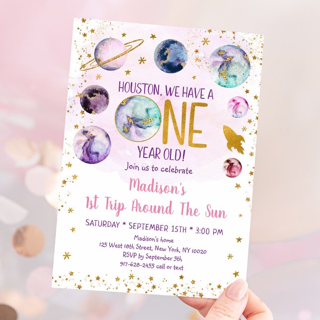 Pink Space Galaxy Girl First Birthday Invitation (Creator Uploaded)