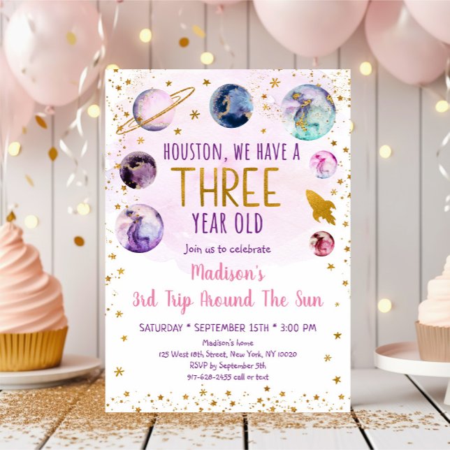 Pink Space Galaxy Girl Third Birthday Invitation (Creator Uploaded)