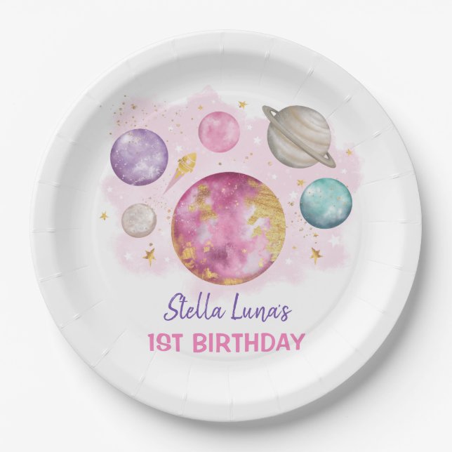 Pink Space Galaxy Planets Moon Baby Girl Birthday Paper Plate (Front)
