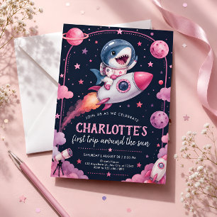 Pink Space Shark First Birthday Invitation