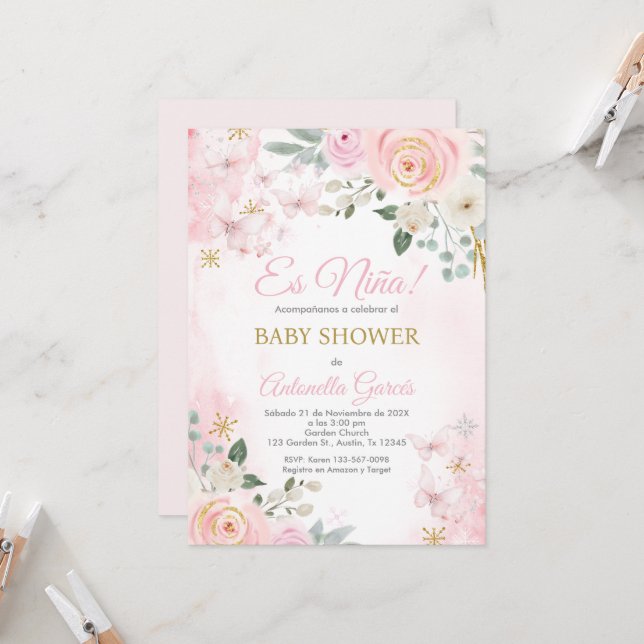 Pink Spanish Baby Shower Girl Invitation (Front/Back In Situ)