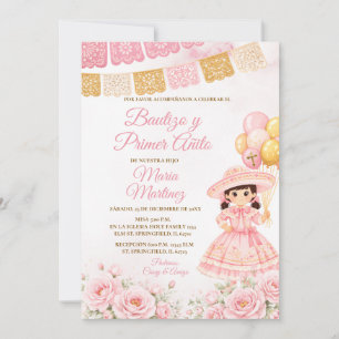 Pink Spanish Girl Fiesta Bautizo y primer anito Invitation