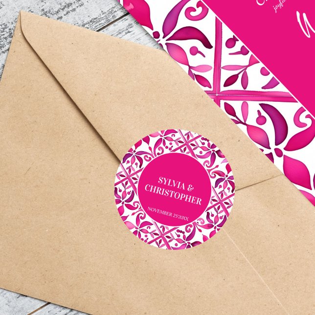 Pink Spanish talavera wedding monogram printed Classic Round Sticker (Pink Spanish talavera Mexican Hacienda wedding monogram printed bride and groom names  Sticker)