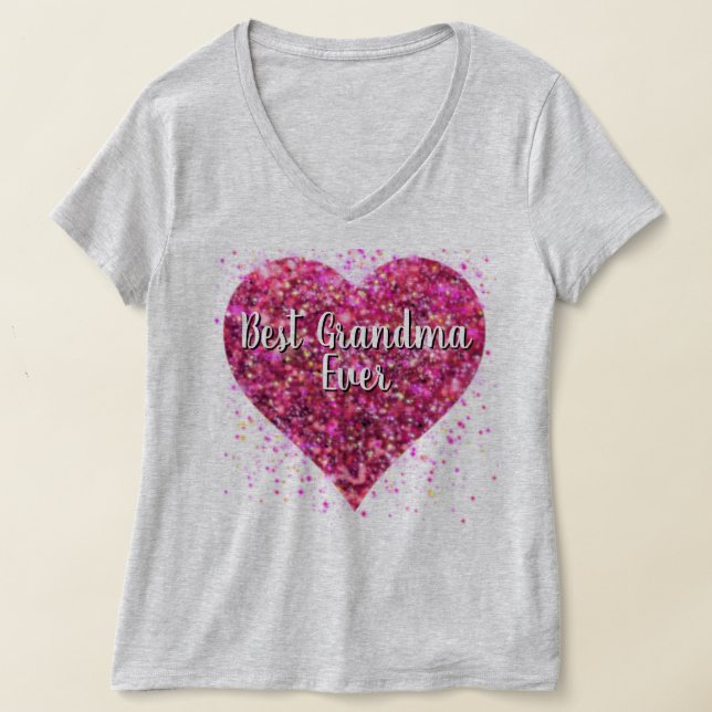 Pink sparking glitter heart best Grandma ever T-Shirt (Laydown)