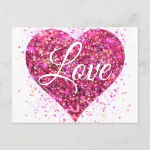 Pink sparking glitter heart love postcard