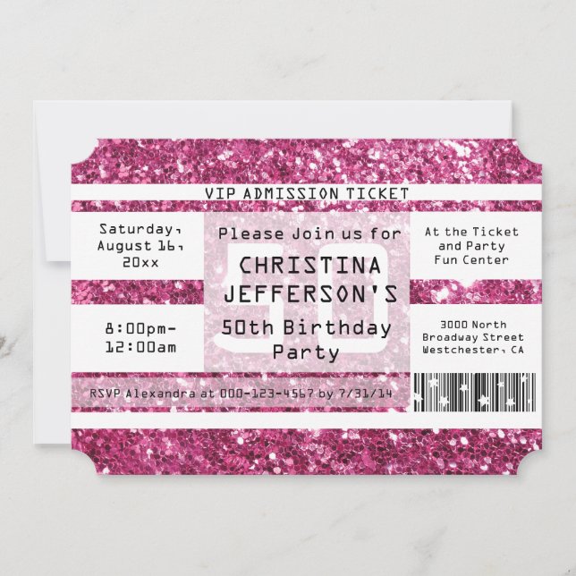 Pink Sparkle 50th Birthday Party Ticket Invitation (Front)