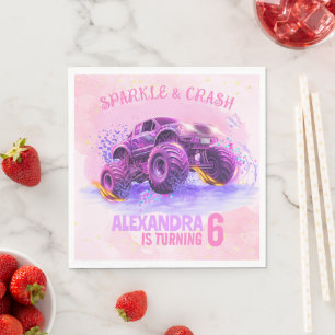 Pink Sparkle and Crash Monster Truck Girl Birthday Napkin
