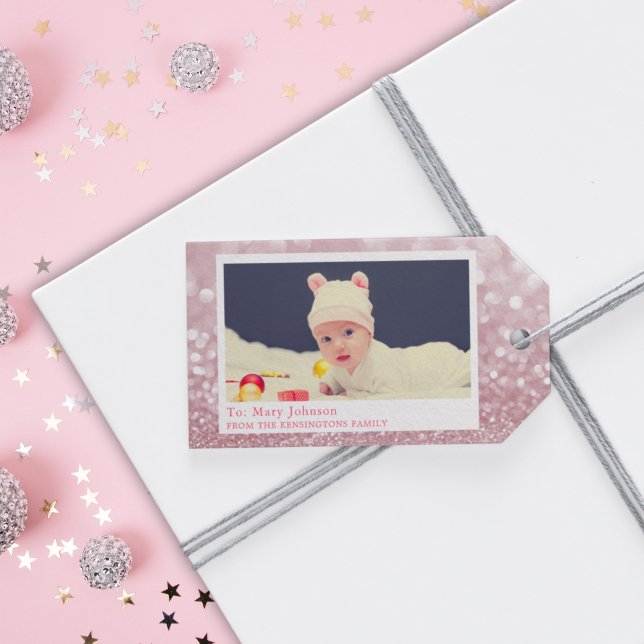 Pink Sparkle Baby Photo Tag (Baby Girl’s First Christmas Gift Tag)