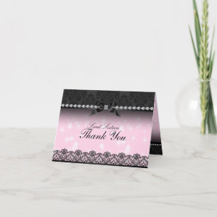 Pink Sparkle & Black Lace Sweet16 Thank You card