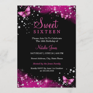 Pink Sparkle Butterfly Diamond Sweet 16 Invite