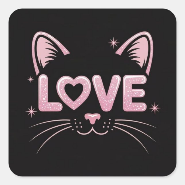 Pink Sparkle Cat Square Sticker (Front)