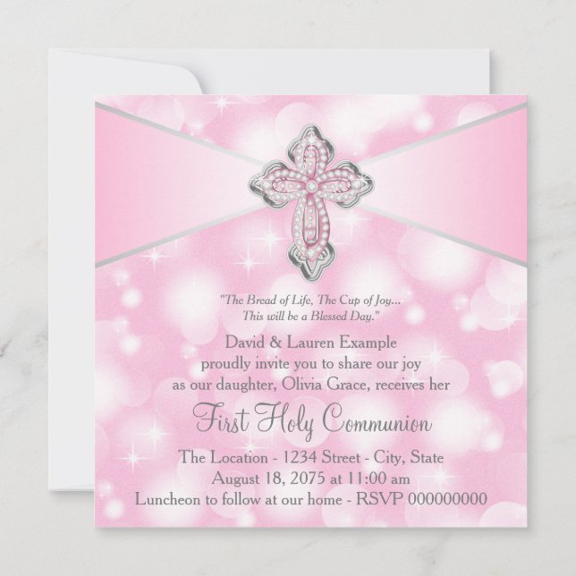 Pink Sparkle Cross First Holy Communion Invitation (Back)