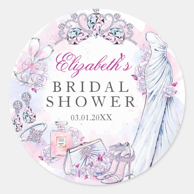 Pink Sparkle Crystal Wreath Bridal Shower Sticker (Front)