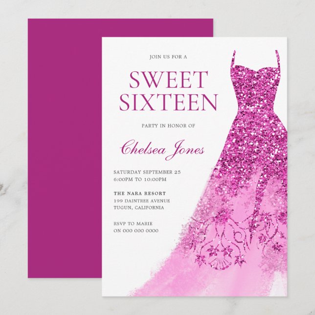 Pink Sparkle Dress Sweet 16 Sixteen Party Invitation (Front/Back)