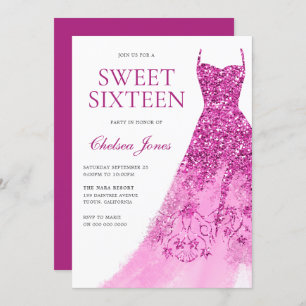 Pink Sparkle Dress Sweet 16 Sixteen Party Invitation