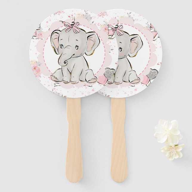 Pink Sparkle Elephant Hand Fans (Front and Back)