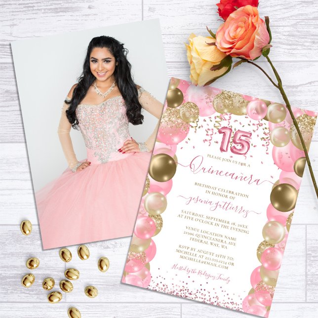 Pink Sparkle Glam Quinceañera Balloon Photo Invitation (Pink Quinceanera Balloon Photo Invitation)