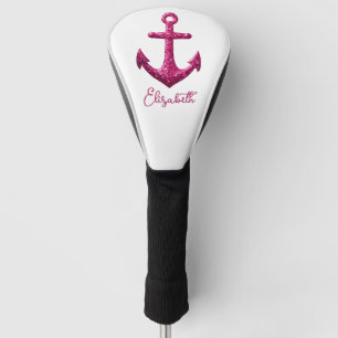 Pink Sparkle Glitter Nautical Sailing Anchor Name Golf Head Cover